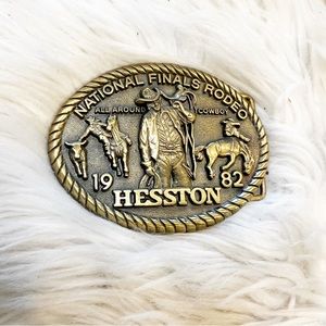 Vintage 1982 National Finals Rodeo Hesston All Around Cowboy Bronze Belt Buckle